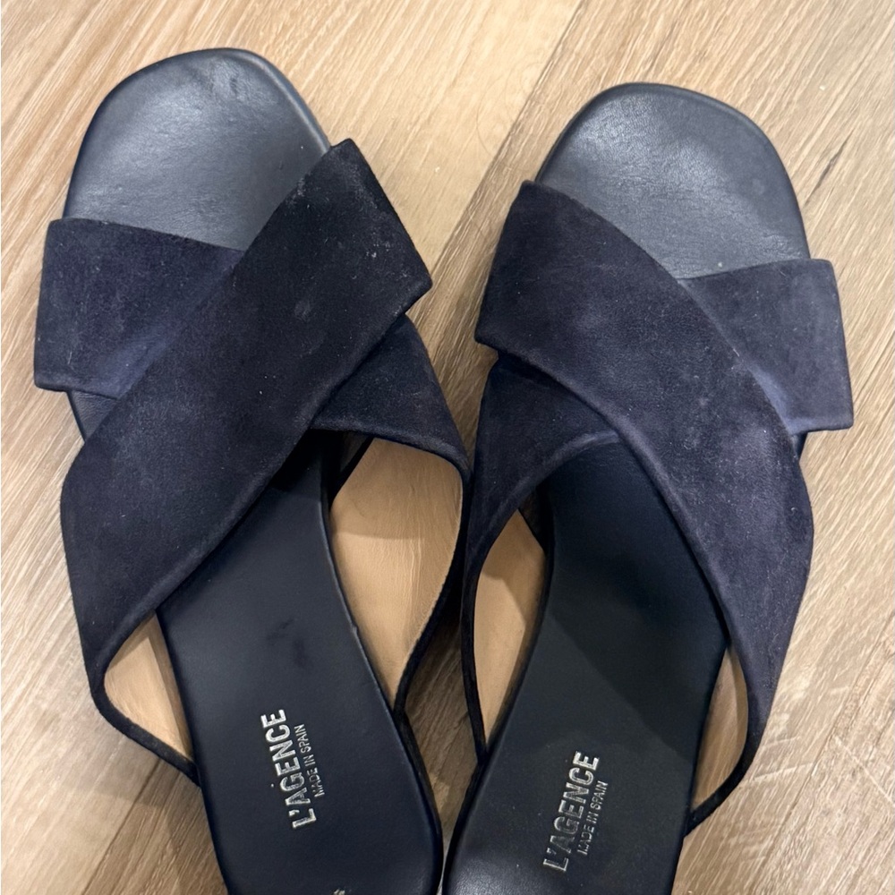 L'AGENCE Blue Suede Crisscross Slide Sandals
